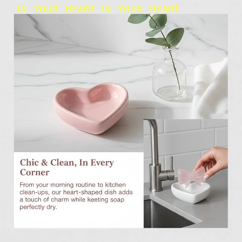 【X】Heart Shaped Soap Dish Ceramic Cute Bow Design Self Draining Water Resistant Soap Tray for Bathroom Gift for Girls