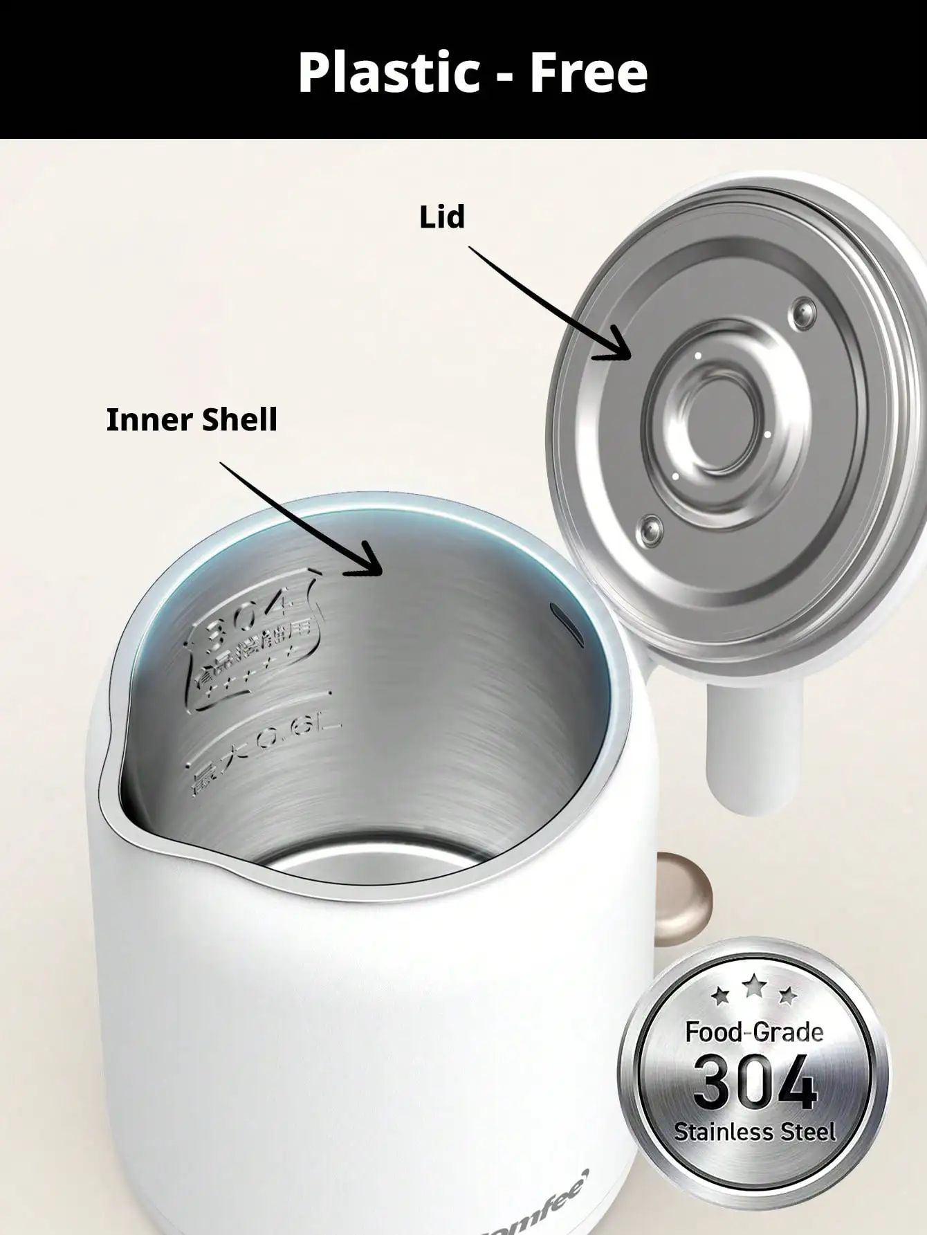 غلاية كهربائية صغيرة Comfee' Comfee بقدرة 800 وات - وعاء شاي سريع الغليان سعة 0.6 لتر مع جزء داخلي من الفولاذ المقاوم للصدأ، وإيقاف تلقائي، وحماية من الغليان الجاف #3