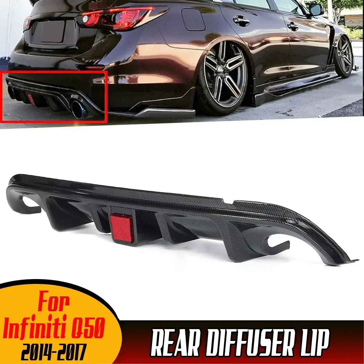 Q50 Carbon Fiber Look/Black Car Rear Bumper Lip Diffuser Guard Apron With LED Brake Light For Infiniti Q50 2014-2017 Body Kit