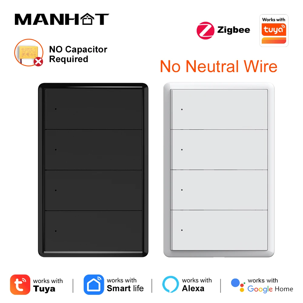 MANHOT Zigbee3.0 Smart Wall Switch US Wall Push Button Physical Switch Smart Wireless Remote Control With Google Home Alexa