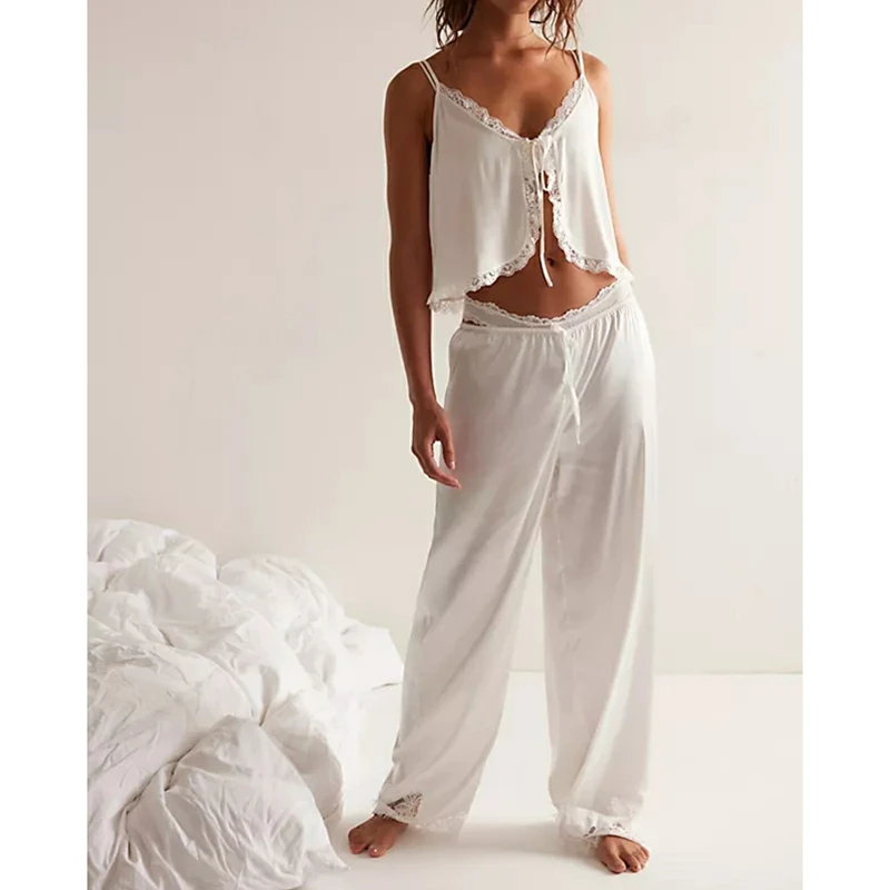 

Combhasaki Women Summer Satin Silk Pajamas Set Floral Lace Trim Tie Front Split Camisole Tops+ Straight Leg Pants 2Pcs Sleepwear