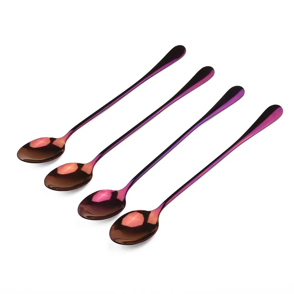 Practiacl Useful Spoons Tool Coffee Drinks Party Spoons Stainless Steel 4 Pcs/Set Accessories For Milkshake Iridescent