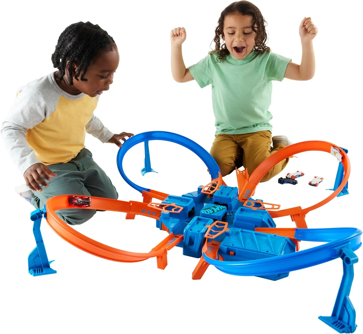 

Track Set with 1:64 Scale Toy Car, 4 Intersections for Crashing, Powered By A Motorized Booster, Criss-Cross Crash Track