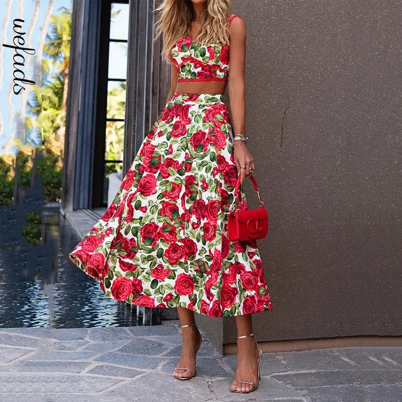 Wefads Two Piece Set Women Elegant Chic Rose Printed Strappy Square Neck Sleeveless Backless Top Loose Long Skirt Set Streetwear