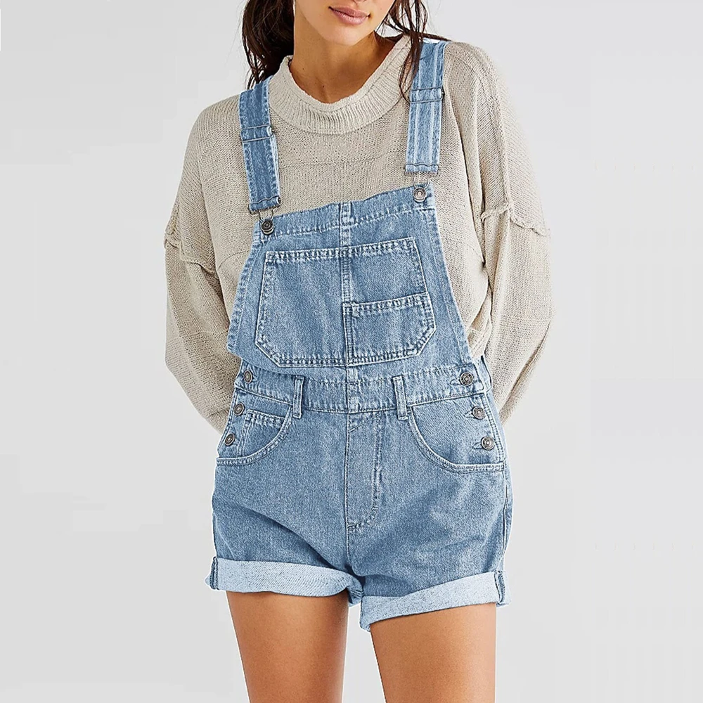 Damen-Jeans-Overalls im Vintage-Stil, locker sitzende Straight-Leg-Shorts, Jeans-Romper, Sommer-Einteiler mit Taschen, Baumwollhosen, Jumpsuits