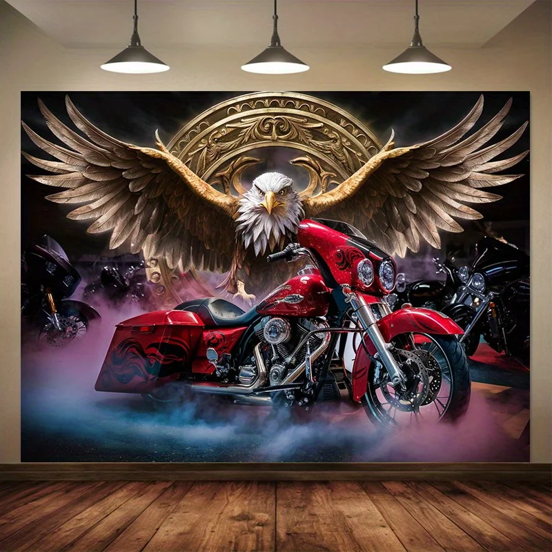 1 Piece Motorcycle & Eagle Pattern Tapestry-Polyester Material, Trendy Choice for Living Room Decoration - with Installation Kit
