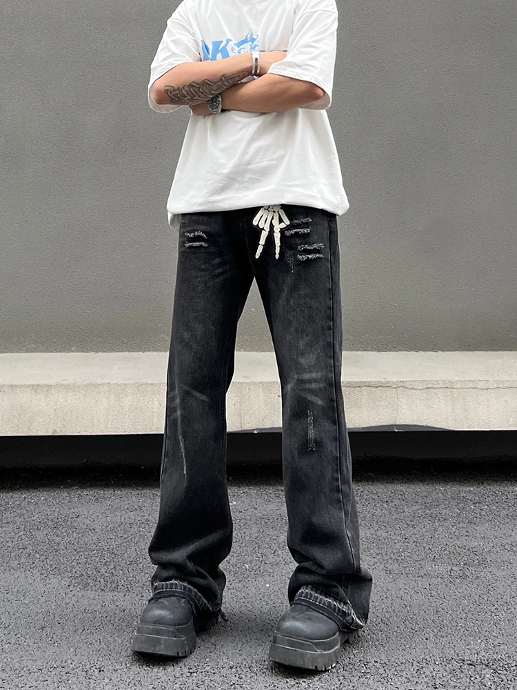 

Ретро-джинсы американского стиля с эффектом потертости, расклешенные, свободного прямого кроя, длинные брюки для мужчин, повседневные хлопковые брюки в стиле High Street Cleanfit