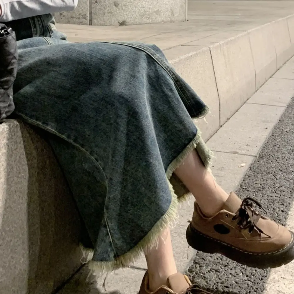 تنورة كلاسيكية عالية الخصر من قماش الدنيم للنساء بتصميم عتيق بلون سادة على شكل حرف a نصف فستان أنيق فضفاض عالي الخصر تنورة طويلة يوميًا #3