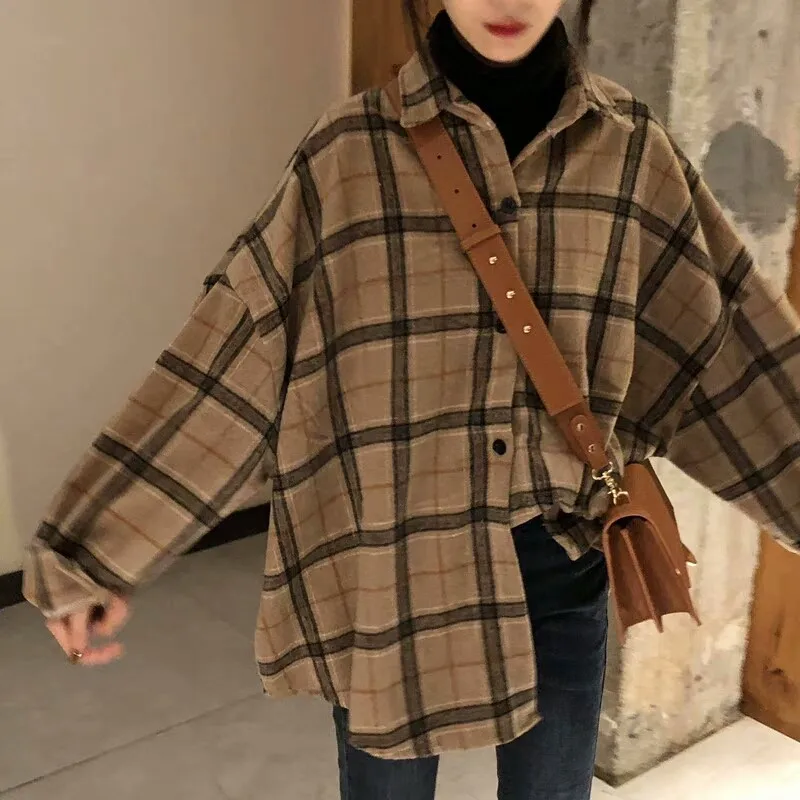 Female Spring  Autumn Oversized  Tunic  Shirt for Women Street Blouse  Vintage Plaid Flannel  Casual Korean Tops