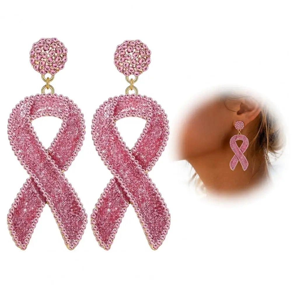Pink Ribbon Crystal Dangle Earrings Breast Awareness Support Gift Shimmering Rhinestone Drop Charm For Women Fashion Jewelry