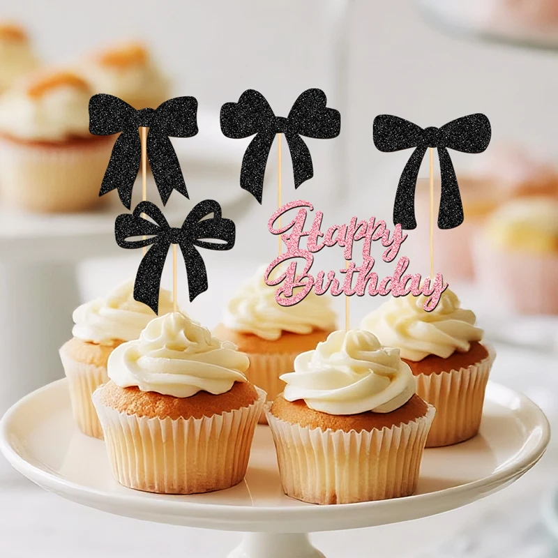 YOMDID 25 Stück, Cupcake-Topper mit glitzernder Schleife, alles Gute zum Geburtstag, Cupcake-Topper, Schleife, Kuchendeckel, Picks, Geburtstagskuchen-Dekorationen