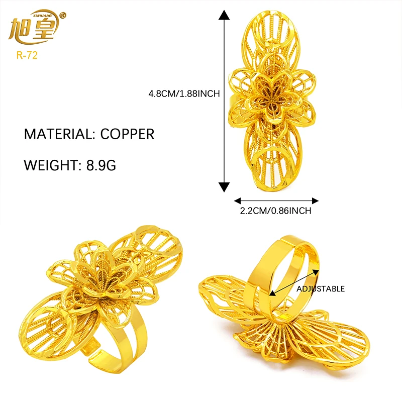 XUHUANG France Gold Color Long Charm Ring 24K Gold Plated Fashion Design Flowers Dubai Ethiopian Party Wedding Gifts Wholesale