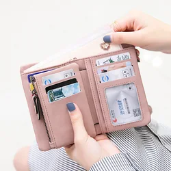 Multifunction Short Purse Fold Women Wallets Drawstring Nubuck Leather Zipper Wallet with Wrist Strap Ladies Carteira Feminina