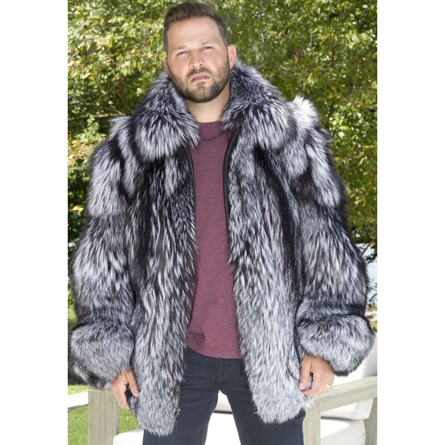 Mens Real Fur Jacket Natural Silver Fox Fur Coat Full Skin Winter Jackets Best Selling Genuine Fox Fur Coat