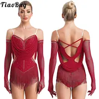 Vestido de leotardo de baile latino con borlas para mujer, mono con flecos de diamantes de imitación + guantes, trajes para actuación de patinaje de Tango Cha-Cha Salsa