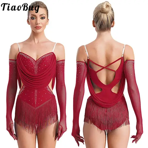 Vestido de leotardo de baile latino con borlas para mujer, mono con flecos de diamantes de imitación + guantes, trajes para actuación de patinaje de Tango Cha-Cha Salsa
