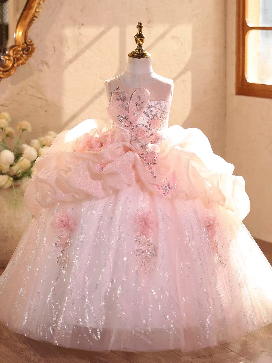 Jill Wish J611 Luxury Grand Pink Girls Strapless Huge Ruffled Waist Sequin Ball Gown Flower Wedding Party Dress Kids Birthday