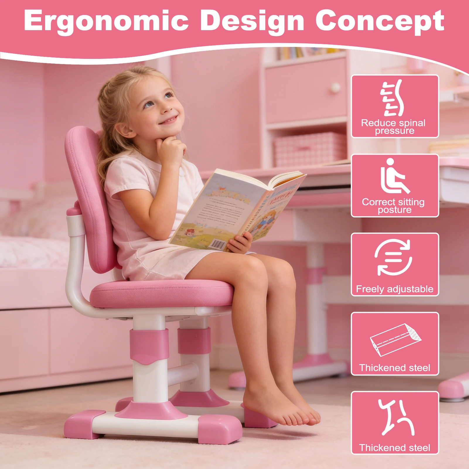 2Pcs Set Kids Bookstand Desk Chair Cartoon Pattern Adjustable Height Study Desk Table With Chair Set