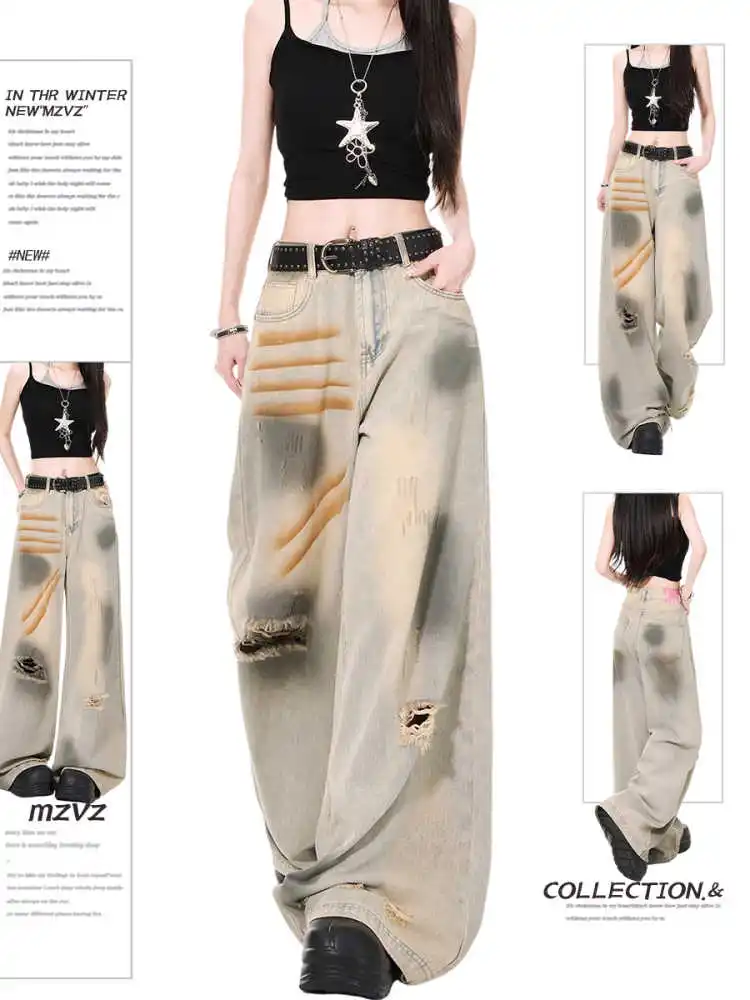

Women Light Ripped Jeans Baggy Grunge Denim Trousers Harajuku Vintage Y2k Jeans Long Pants Japanese 2000s Style Oversize Clothes