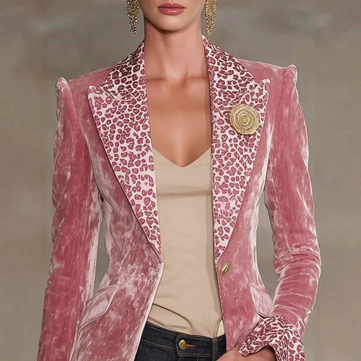 Femmes velours Blazer imprimé léopard revers manchette simple bouton costume veste élégant manteau d'extérieur femme printemps/automne hauts à la mode