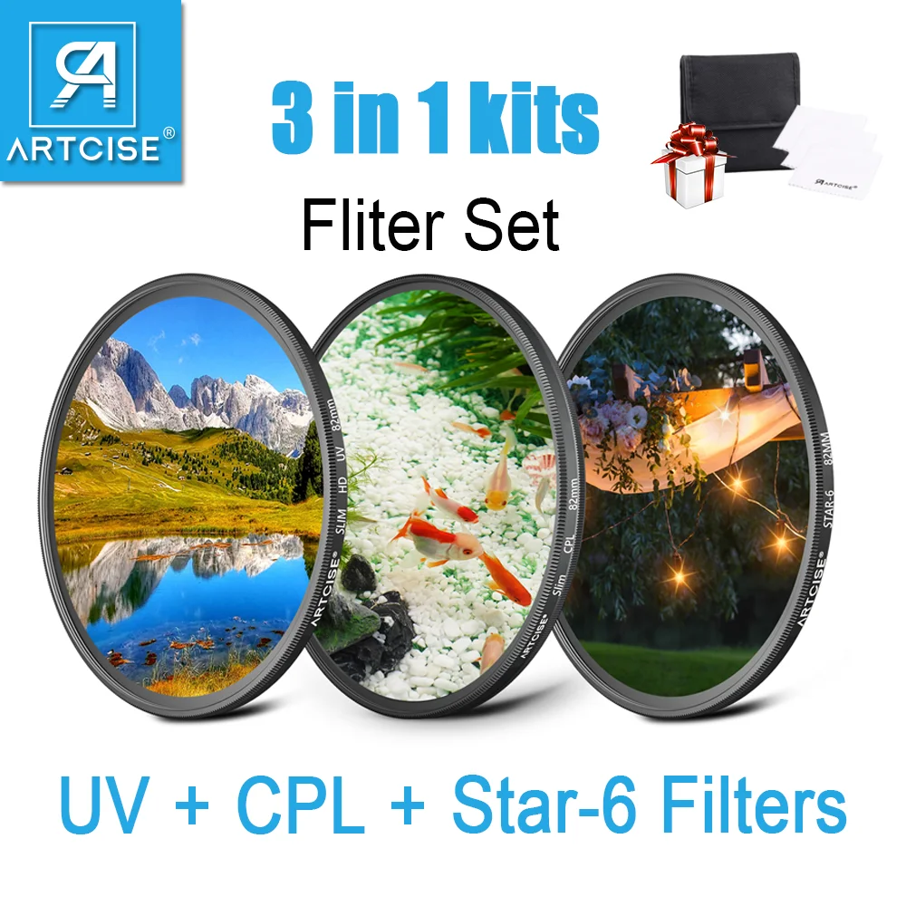 ARTCISE Filter Set Universal UV+CPL+Star-6 3 in 1 Kits Camera Slim Lens Glass with Bag cleaning cloth for Canon Nikon Sony DSLR