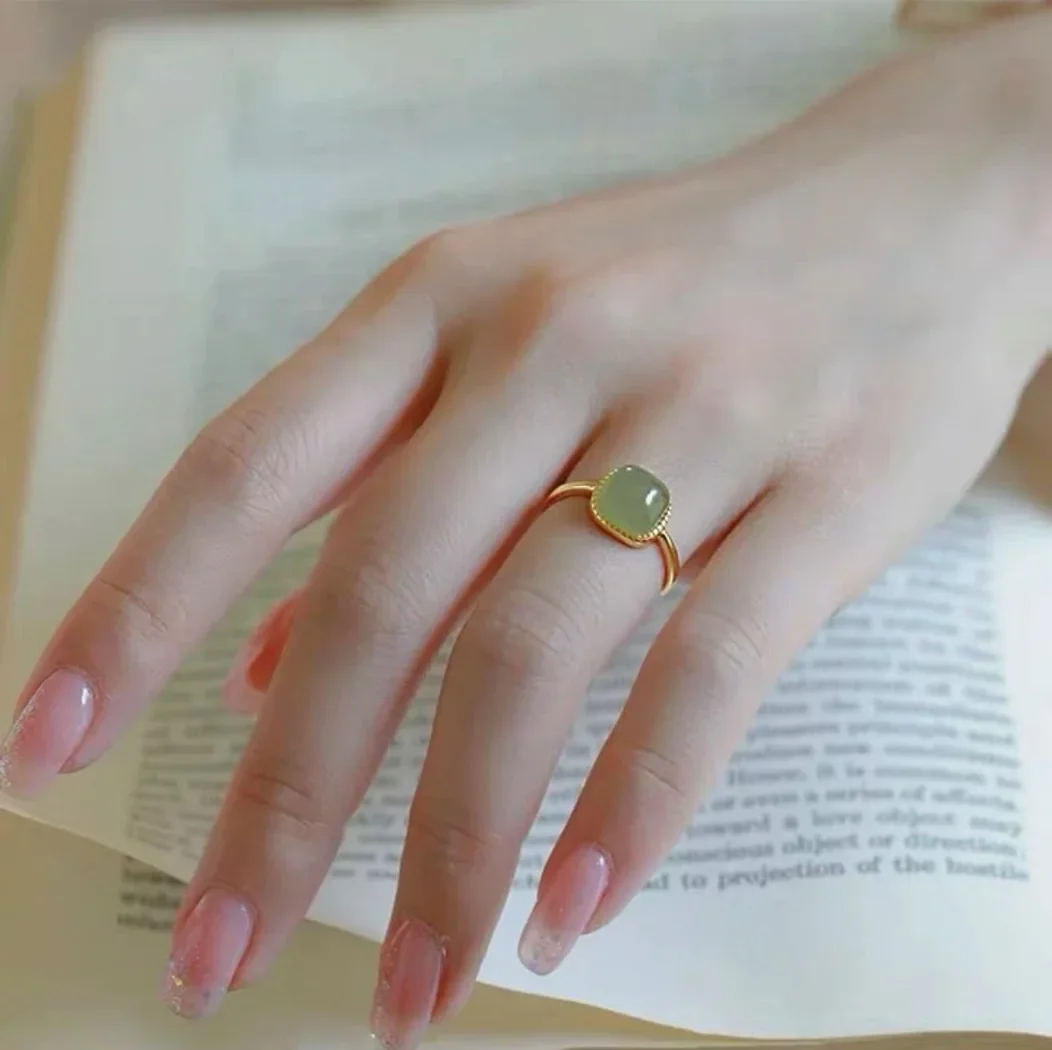 Кольцо Женское Vintage Artificial Jade Square Ring Chinese Style Crystal Geometric Finger Ring For Women Fashion Jewelry 반지 image 4