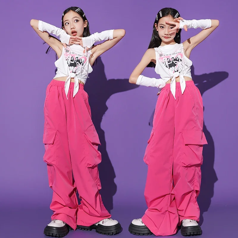 Kids Hip Hop Clothing White Crop Tank Tops with Gloves Rose Pink Casual Cargo Pants for Girl Jazz Dance Costumes Street Clothes