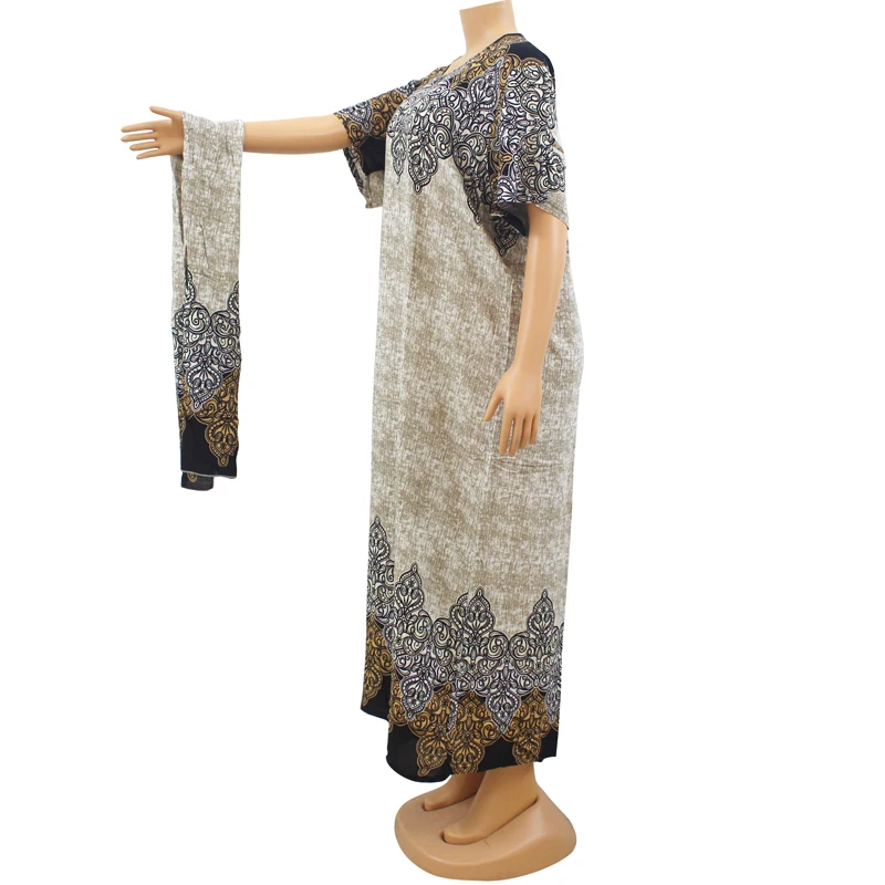 Traditional Printed Vintage Cotton Beige Print O-Neck Short Sleeve Summer African Women Dresses with Scarf