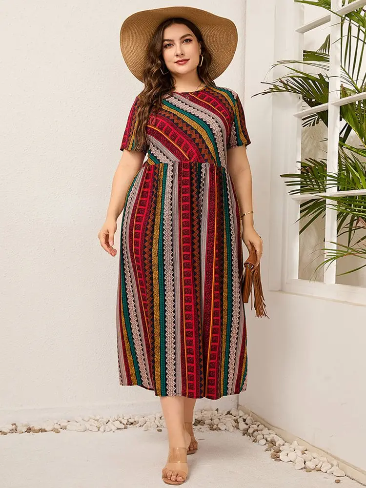 

2022 Summer New Large Size Casual Dress 8XL 7XL 6XL 5XL Fashion Ladies Round Neck Short Sleeve Twill Stitching Dress