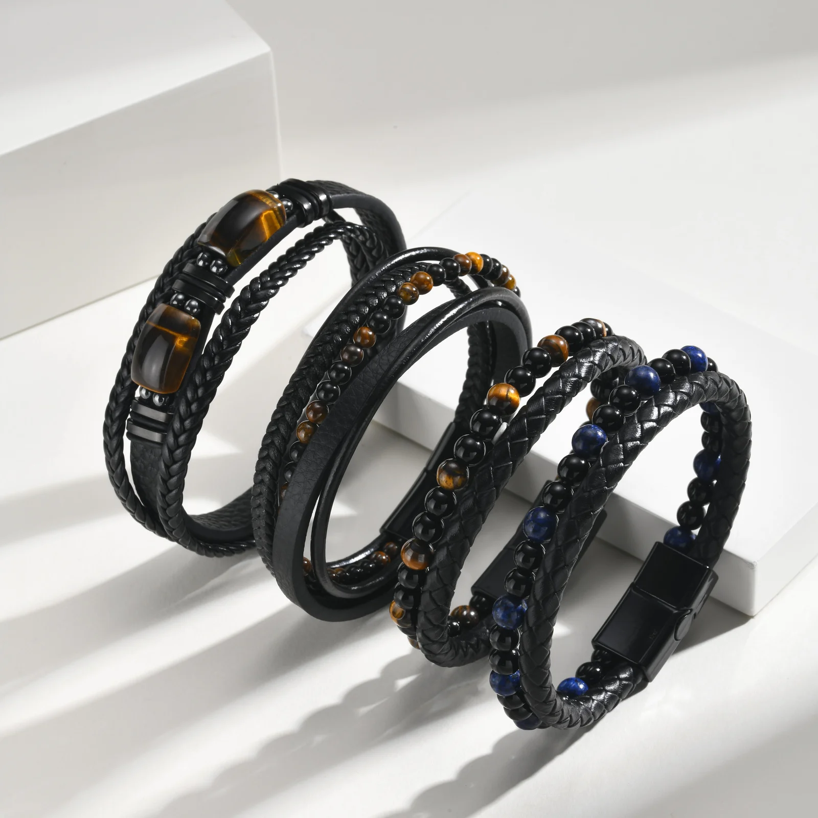 Vnox Mehrschichtiges Geflochtenes Lederarmband für Männer, Tigerauge Lapislazuli Perlen Magnetverschluss Armband Trendiger Männerschmuck Geschenk – Detail 1