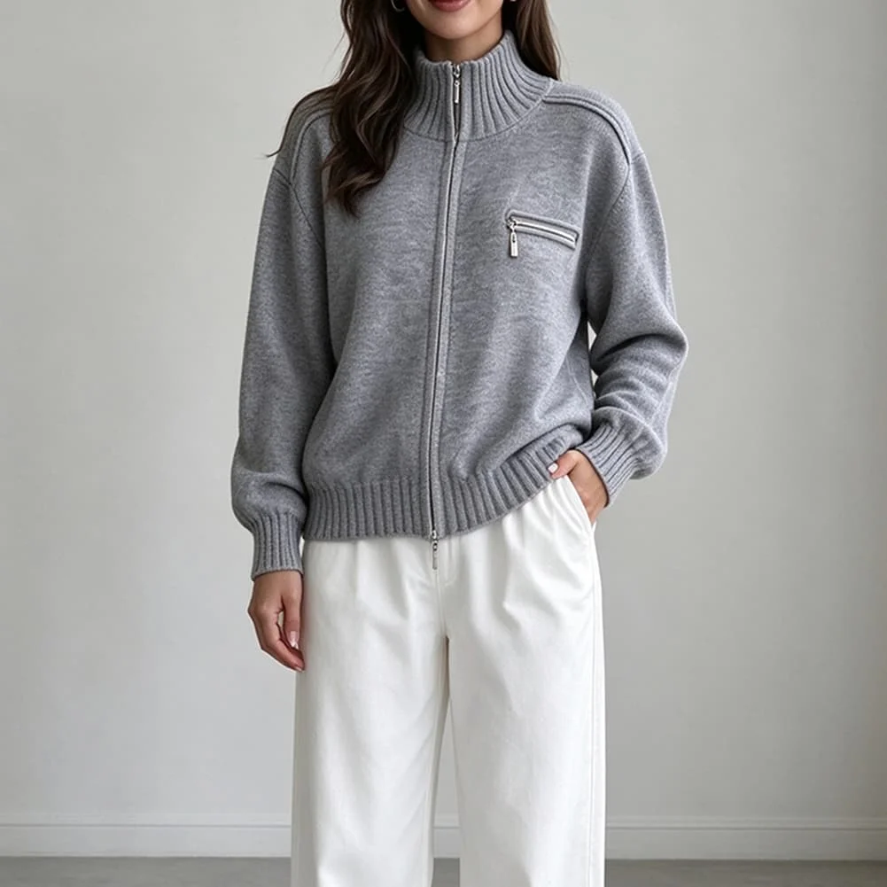 Knit Sweater for Women Solid Color Half Turtleneck Zipper Dropped Shoulder Regular Fit Medium Elastic Summer Clothing