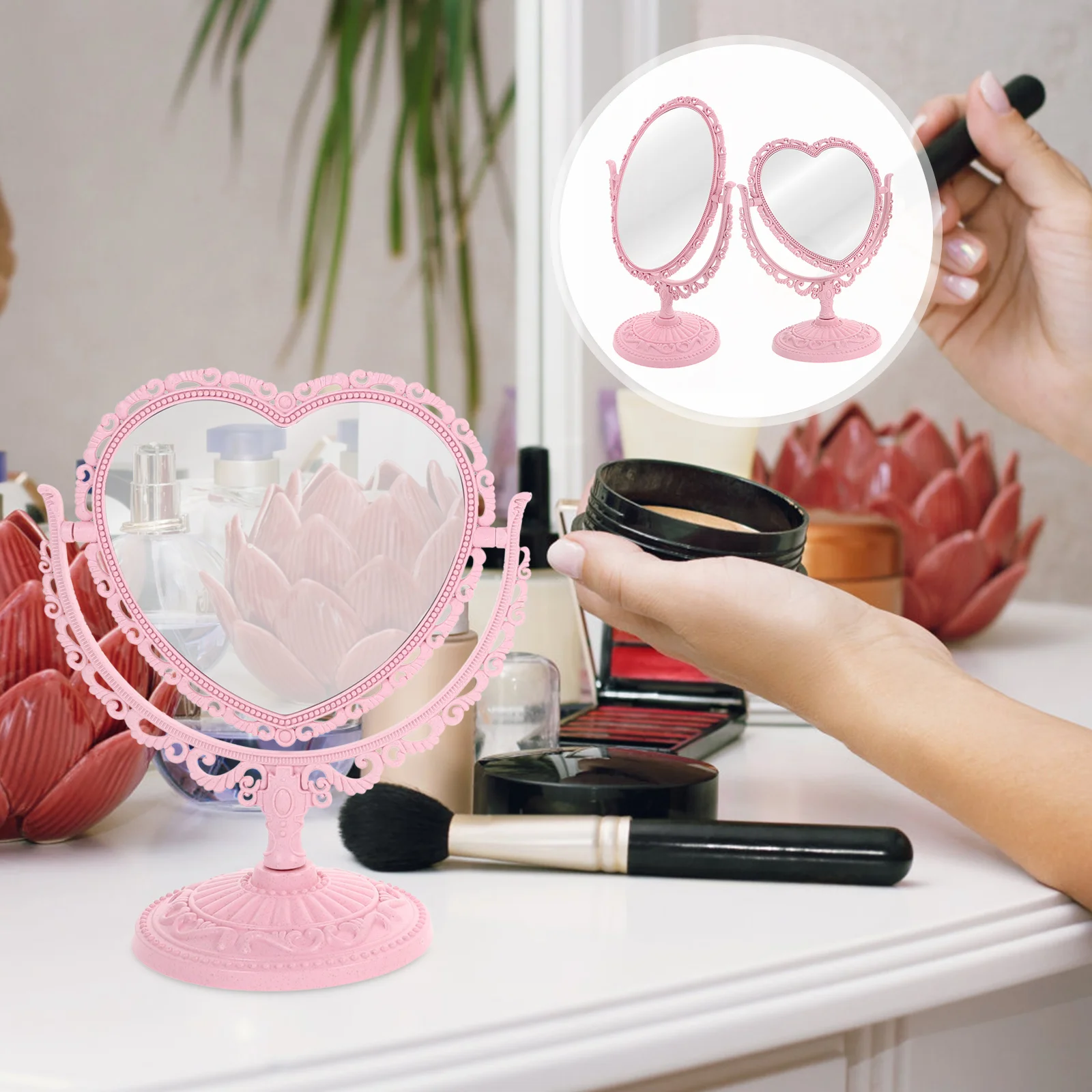 

2Pcs Heart Makeup Mirrors Pink Vanity Mirror Desktop Clear Distortion-Free Tabletop Mirror for Dressing Table Bathroom