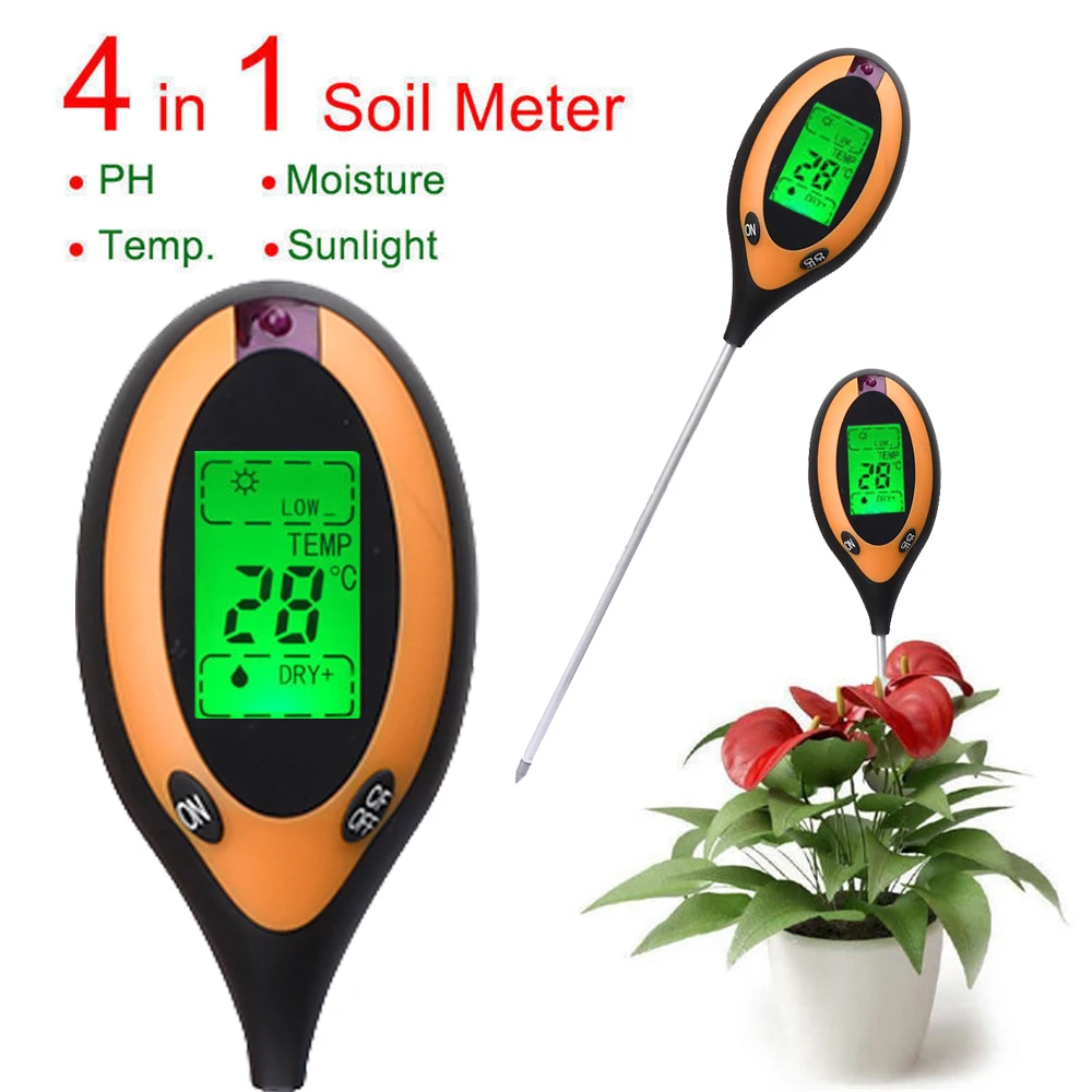 Digital 4 In 1 Soil PH Meter Moisture Monitor Temperature Sunlight Tester for Gardening Plants Farming with Blacklight