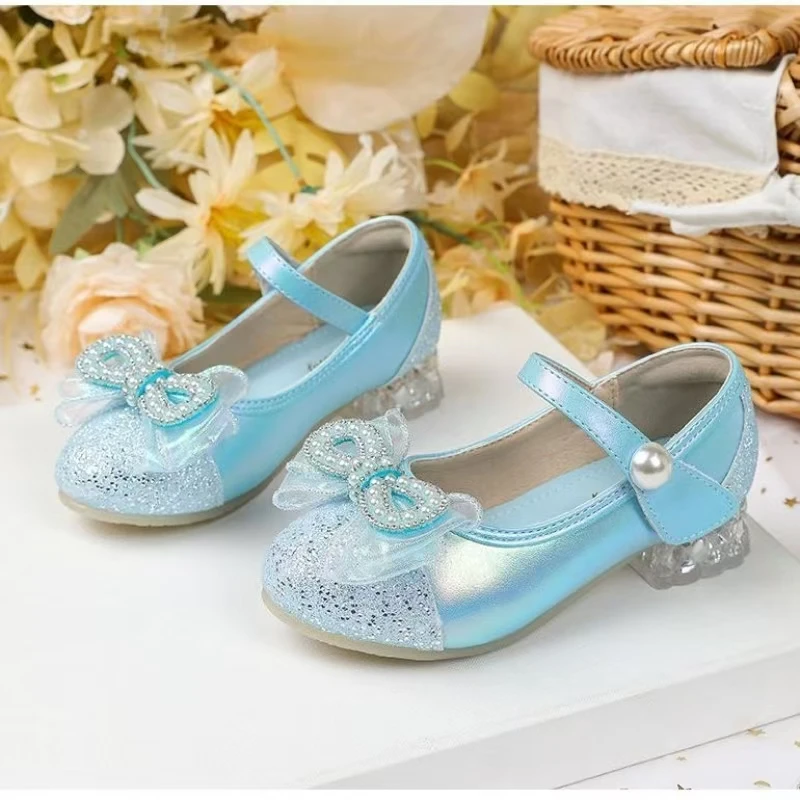 2026 New Girl's Low Heel Bowknot Princess Shoes Spring Summer New Soft sole Round Toe Velcro Match The Skirt Leather Shoes