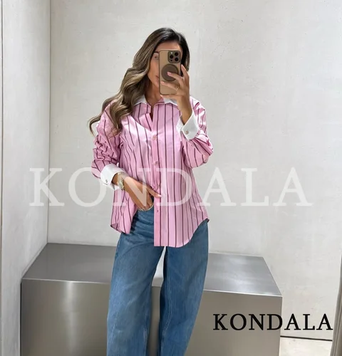Imagen 1 del producto Camisas Casuales a Rayas Rosas KONDALA para Mujer, Camisas Modernas con Botones y Solapa para Vacaciones, Nueva Moda Primavera-Verano 2026, Camisa de Estilo Urbano