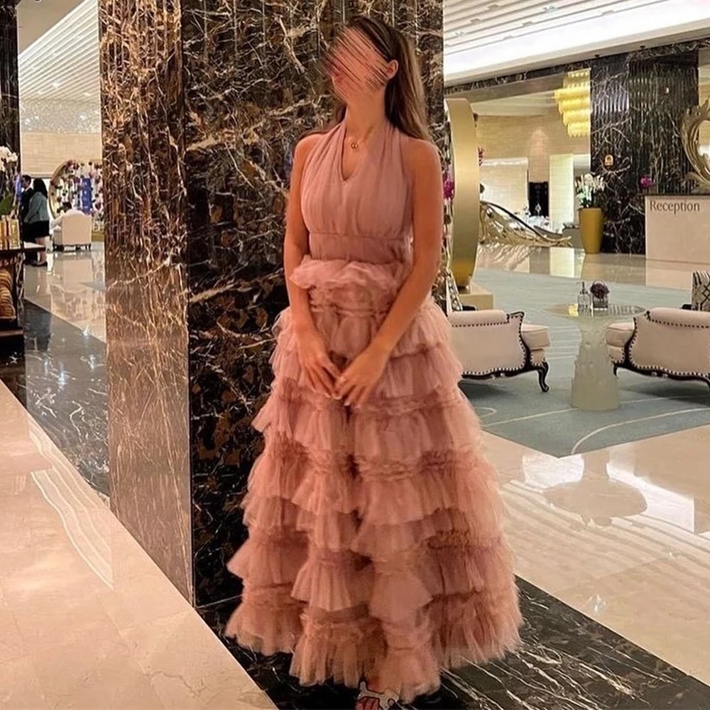 

Customized Prom Dresses Elegant Halter A-line Homecoming Dress Ankle Length Layered Sleeveless Organza Formal Evening Gowns 이브닝드