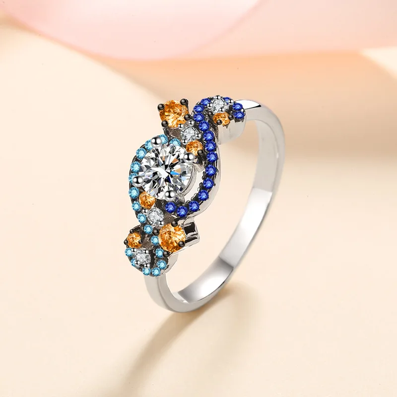 Elegant PT950 Platinum Women’s Angel Eye Color-Block Micro-Set Moissanite Ring, Exquisite Candy Color-Block Moissanite Ring