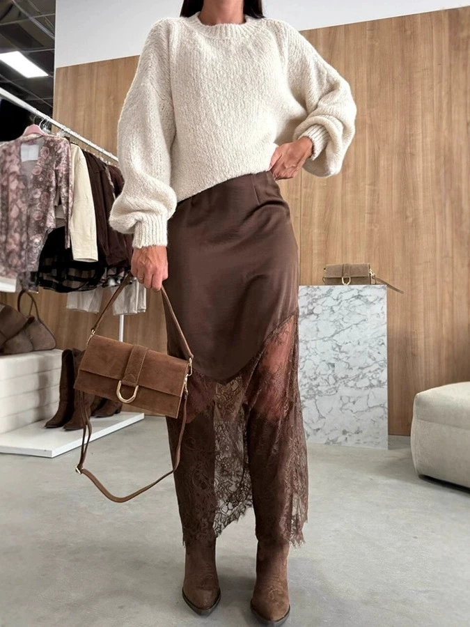 Trendy Hot Girl Skirt Solid Color Irregular Satin Patchwork See Through Lace Skirts Fashion Sexy Streetwear Female Clothing New