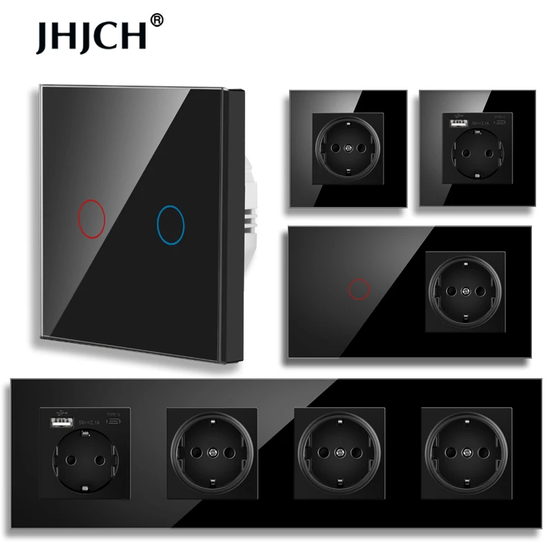 JHJCH Touch sensor switch with socket crystal glass panel 110~250V 16A 157*86 wall socket with Light Switch 1/2/3Gang 1Way