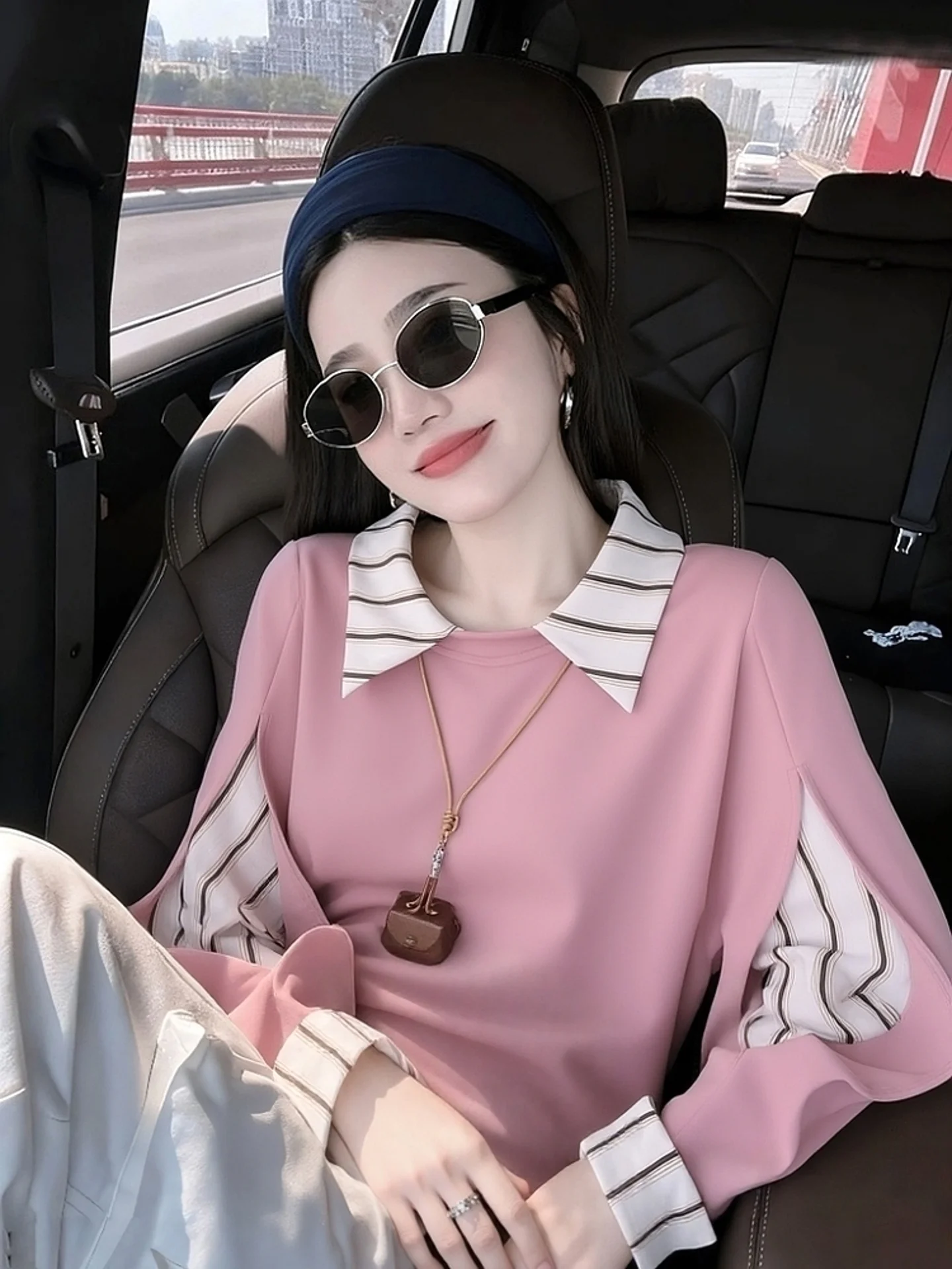 

Ele Pink Faux Two-Piece Sweatirt Faionable Versatile Winter New Arrival Korean Sle Long Sve Crew Ne Top