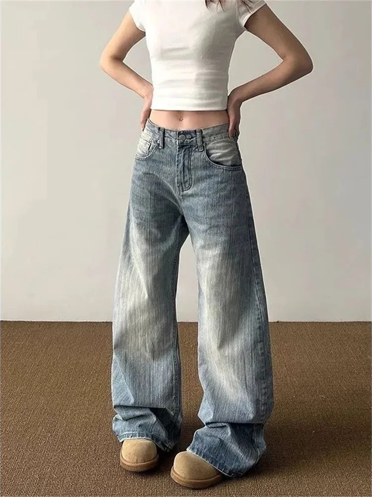 American Vintage Washed Wide Leg Jeans Women High Waist Curved Hem Loose Straight Trousers Slim Floor Length Denim Pants