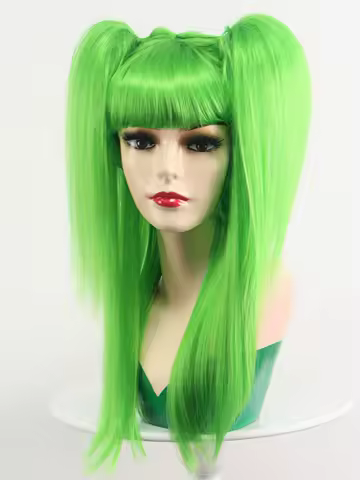 High quality supple green anime long double ponytail synthetic wig cosplay christmas