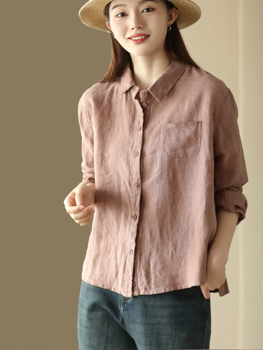 

Женская винтажная блузка из высококачественного льна с длинным рукавом, гладкая, с воротником-стойкой, свободного кроя, однотонная, осенняя, для повседневной носки