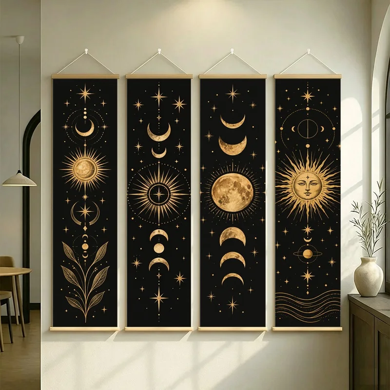 Wall Art Moon Phases Stars and Radiant Celestial Sun, Mystic Boho Pearlescent Canvas Hanging Scroll for Prayer Corner
