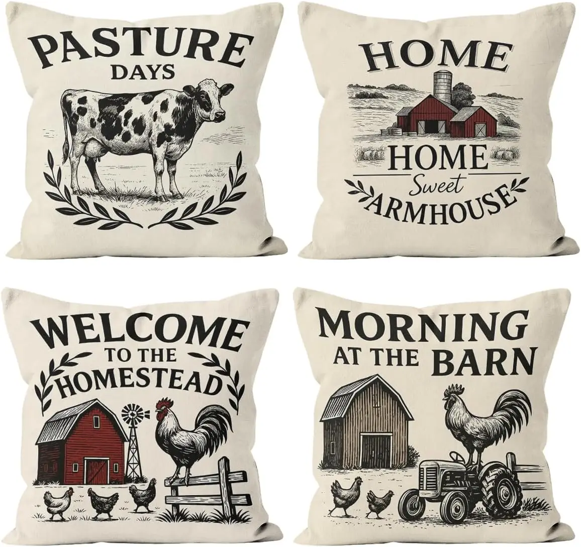 4Pcs Vintage Farm Throw Pillow Covers with Barn & Tractor Design Cushion Cases for Rustic Farm Inspired Airbnb Guest Room Decor