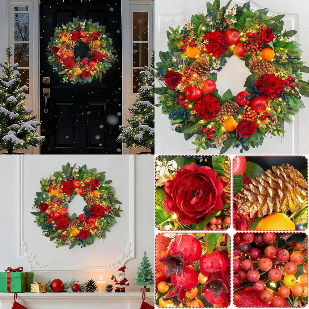 

24 Holiday Wreath with Lights, Red Blossoms, Fruits, and Pine Cones - Outdoor/Indoor Winter Decor