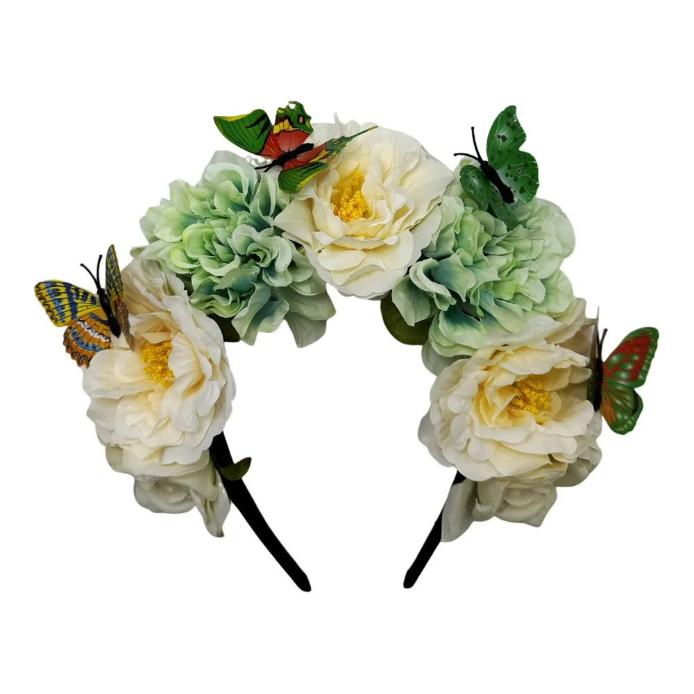 Trendy Bohemian Flower Hairband Faux Floral Butterfly Headdress Floral Crown Hair Hoop Wedding Party Headpiece