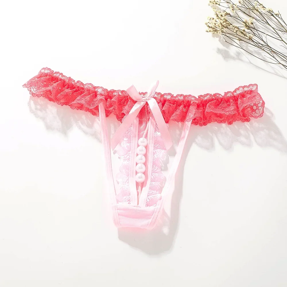 Tanga elástico de encaje sin costuras para mujer, ropa interior Sexy con perlas, con entrepierna abierta, sin entrepierna, 4 piezas