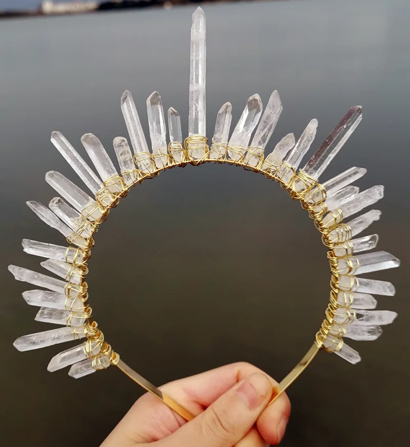 Natural Crystal  Sun Goddess Spiked Headband，Raw Quartz Tiara Crown Hair Hoop Wedding Witch Costume Headpiece for Women Girls