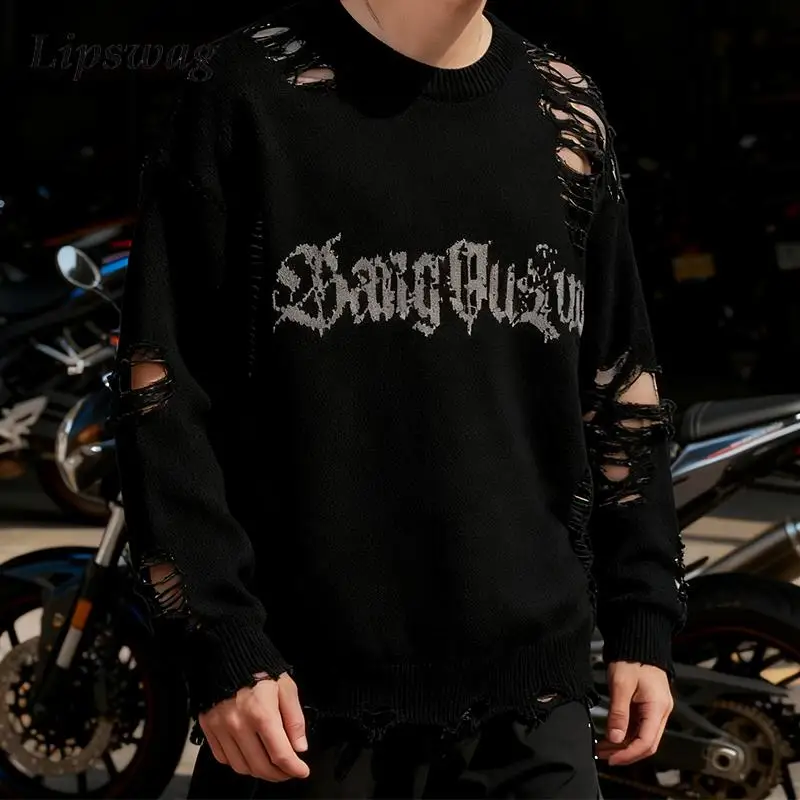 

Рваные вязаные свитера в стиле хип-хоп, мужские осенне-зимние уличные свитера Y2K, винтажный мужской вязаный джемпер с вышивкой букв, топы